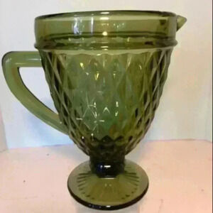 Diamond Point Art Deco Avocado Pressed Glass Pedestal Pitcher. Vintage inspired.